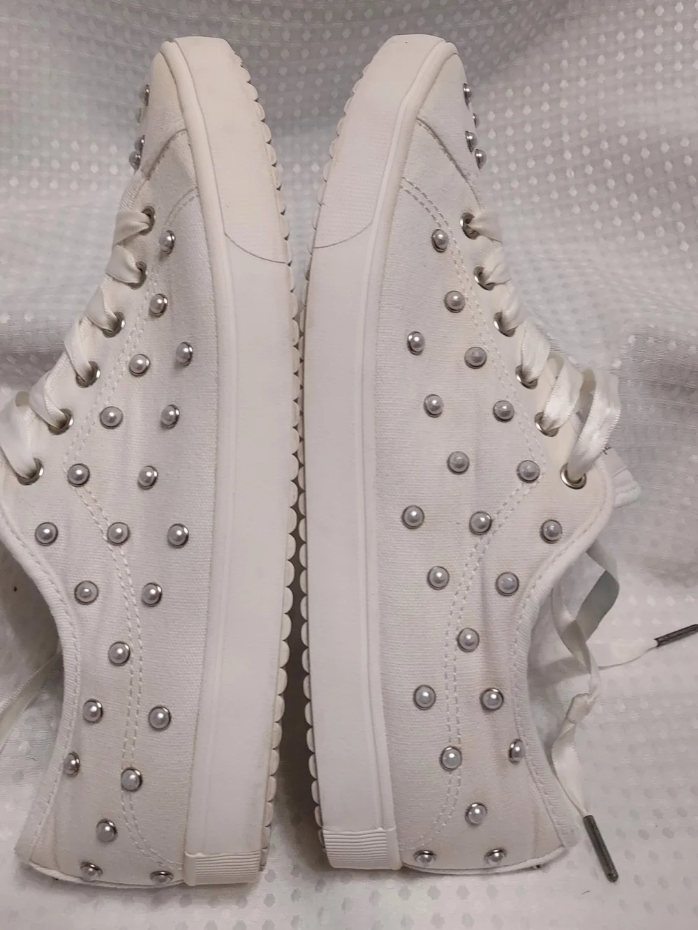 kate spade White Satin Lace-Up Sneakers with Silver Studs